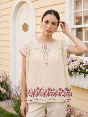 Max Studio London Cream Short-Sleeve Embroidered Peasant Top size L